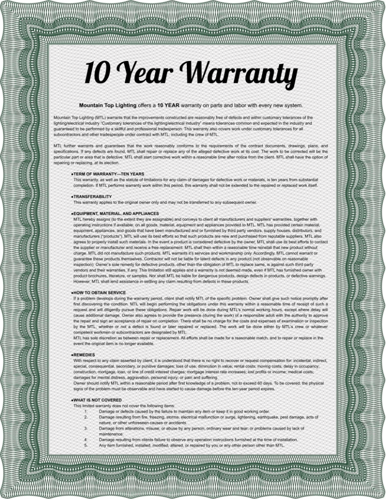 Mountaintop Lighting warranty certificate